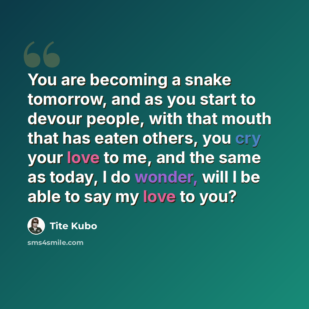 “You are becoming a snake tomorrow, and as you start to devour people, with that mouth that has eaten others, you cry your love to me, and the same as today, I do wonder, will I be able to say my love to you?” quote by Tite Kubo