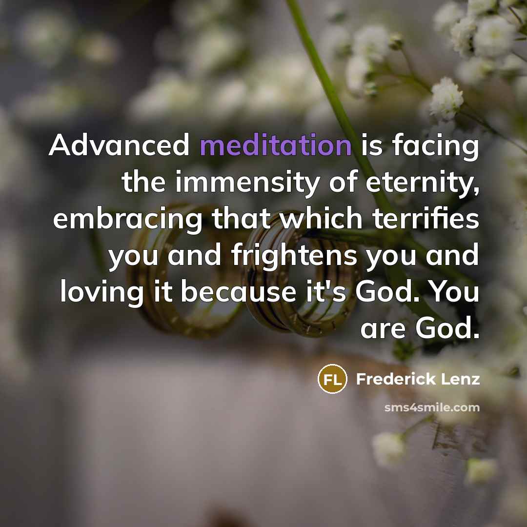 “Advanced meditation is facing the immensity of eternity, embracing that which terrifies you and frightens you and loving it because it's God. You are God.” quote by Frederick Lenz
