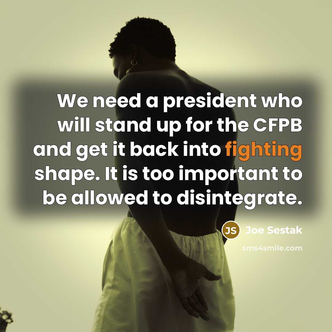 “We need a president who will stand up for the CFPB and get it back into fighting shape. It is too important to be allowed to disintegrate.” quote by Joe Sestak