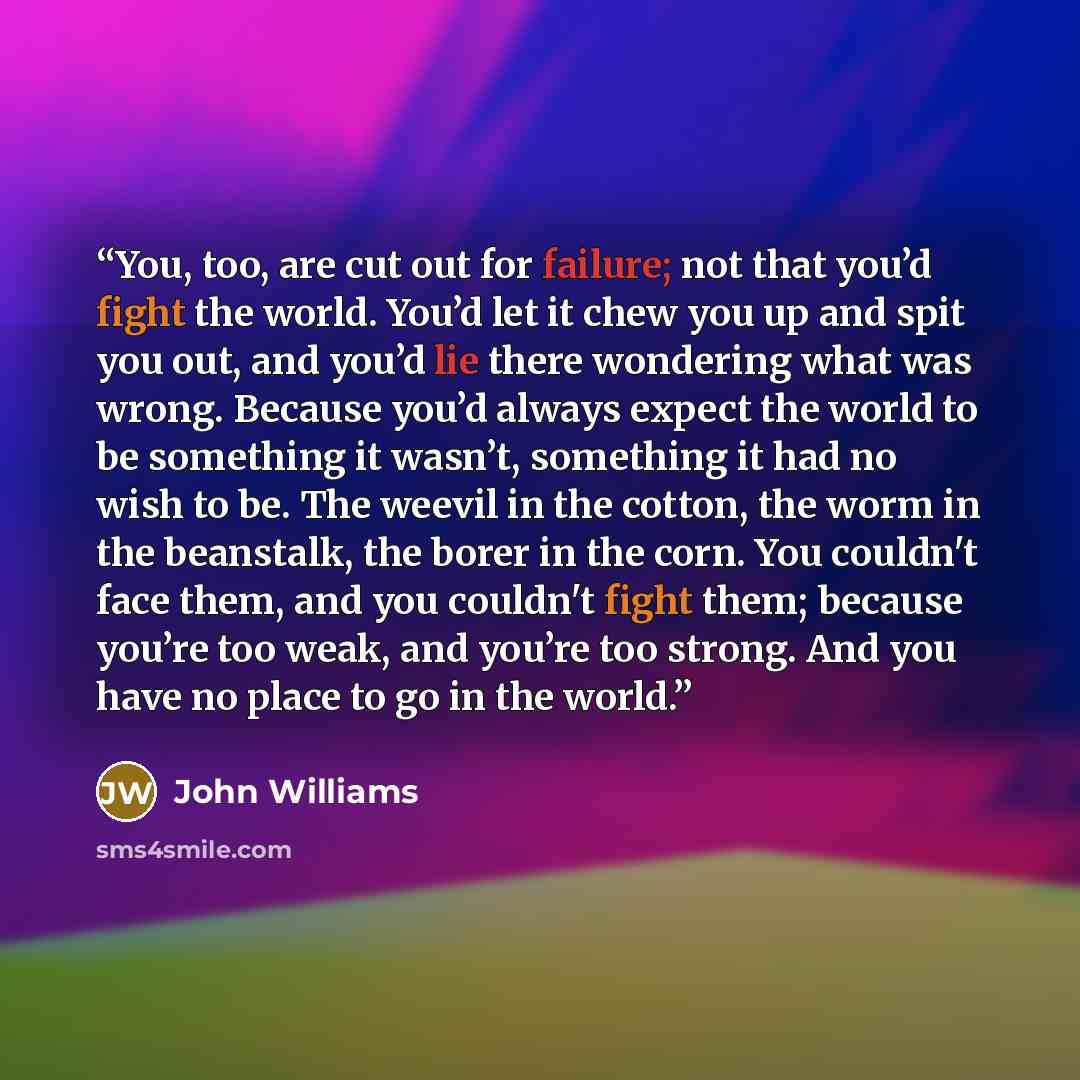 “You, too, are cut out for failure; not that you’d fight the world. You’d let it chew you up and spit you out, and you’d lie there wondering what was wrong. Because you’d always expect the world to be something it wasn’t, something it had no wish to be. The weevil in the cotton, the worm in the…” quote by John Williams