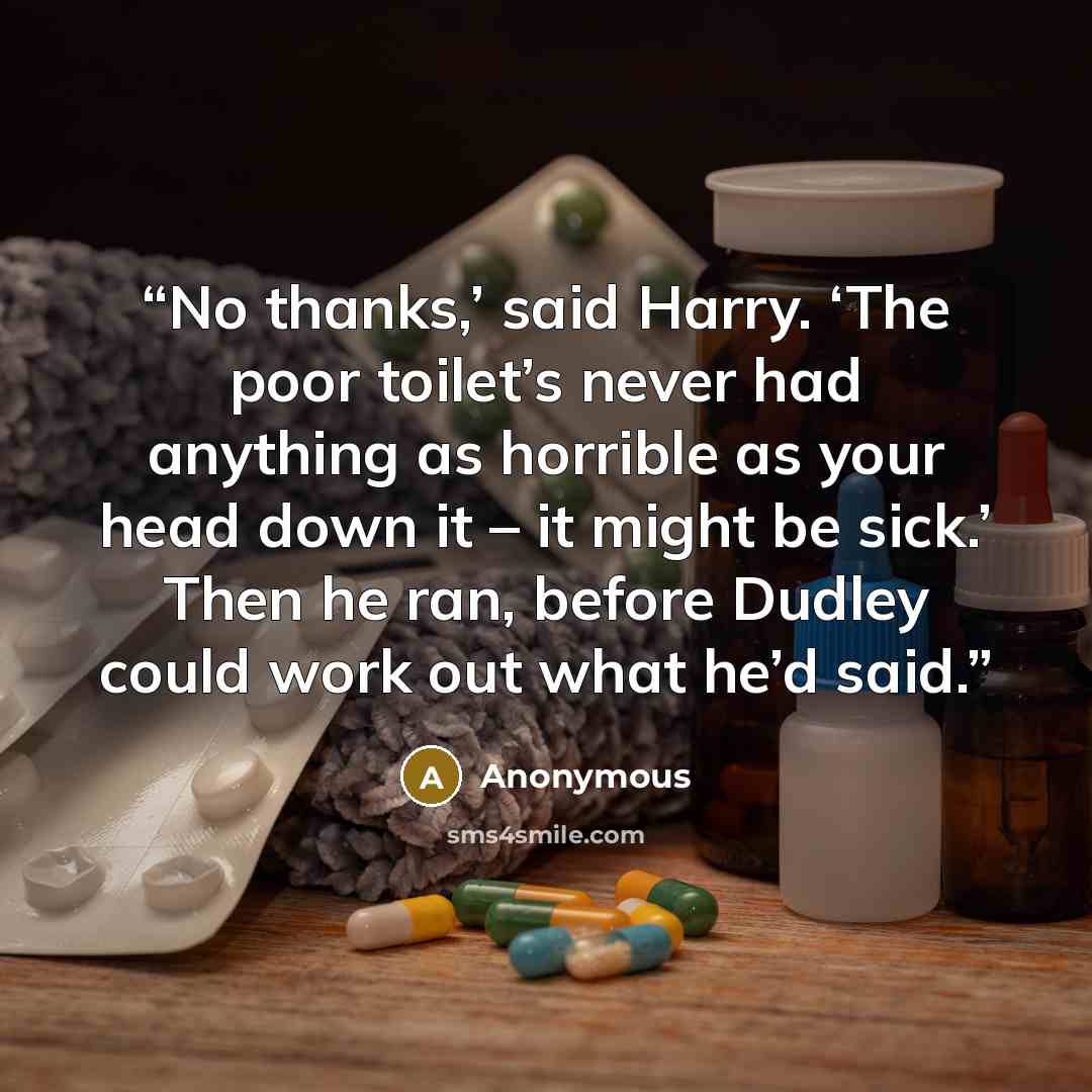 “No thanks,’ said Harry. ‘The poor toilet’s never had anything as horrible as your head down it – it might be sick.’ Then he ran, before Dudley could work out what he’d said.” quote by Anonymous