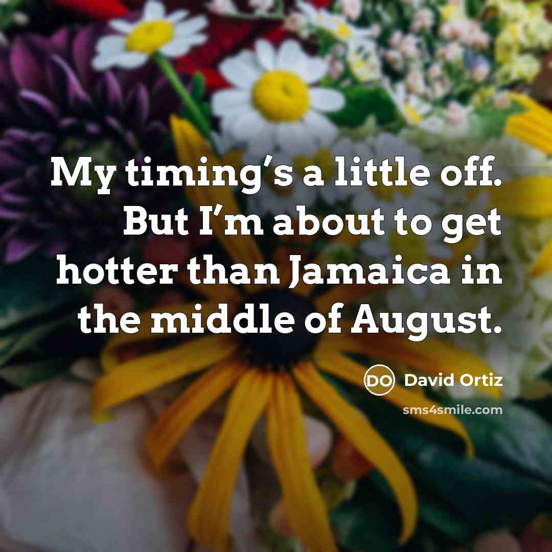 “My timing’s a little off. But I’m about to get hotter than Jamaica in the middle of August.” quote by David Ortiz
