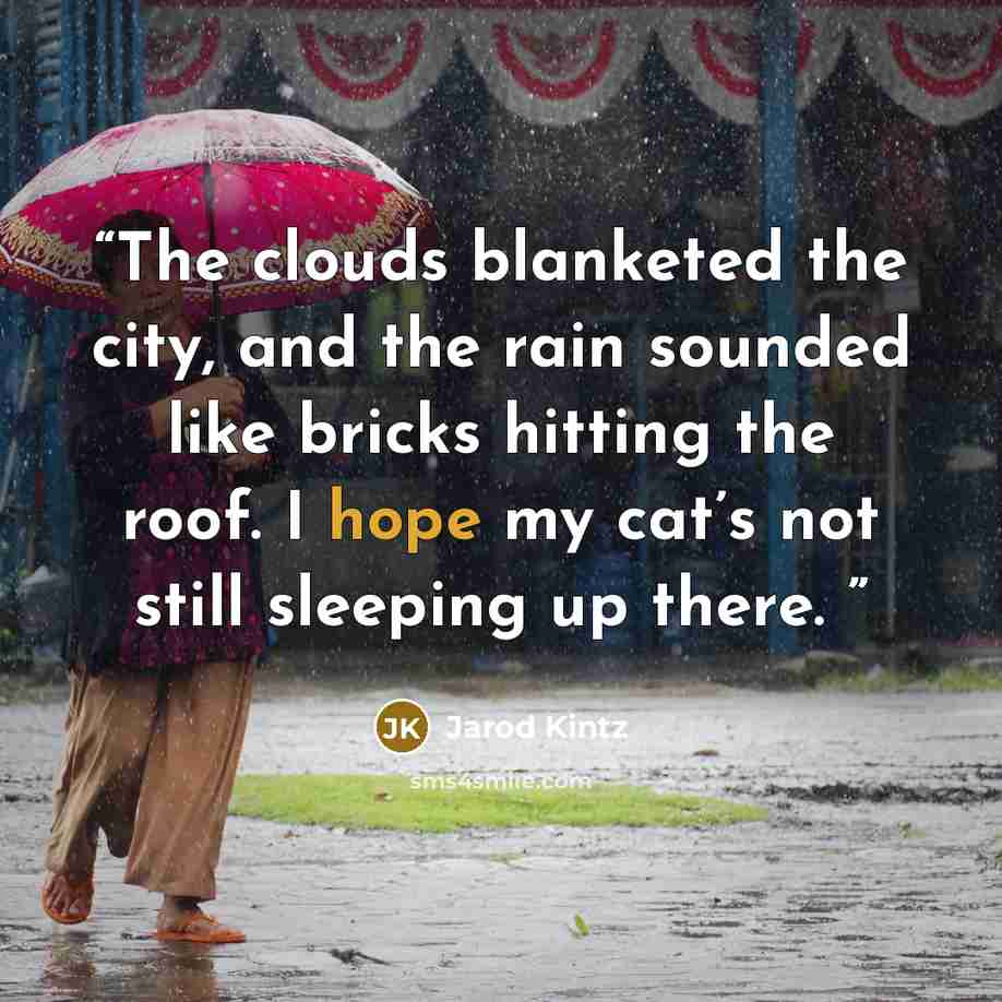 “The clouds blanketed the city, and the rain sounded like bricks hitting the roof. I hope my cat’s not still sleeping up there.” quote by Jarod Kintz