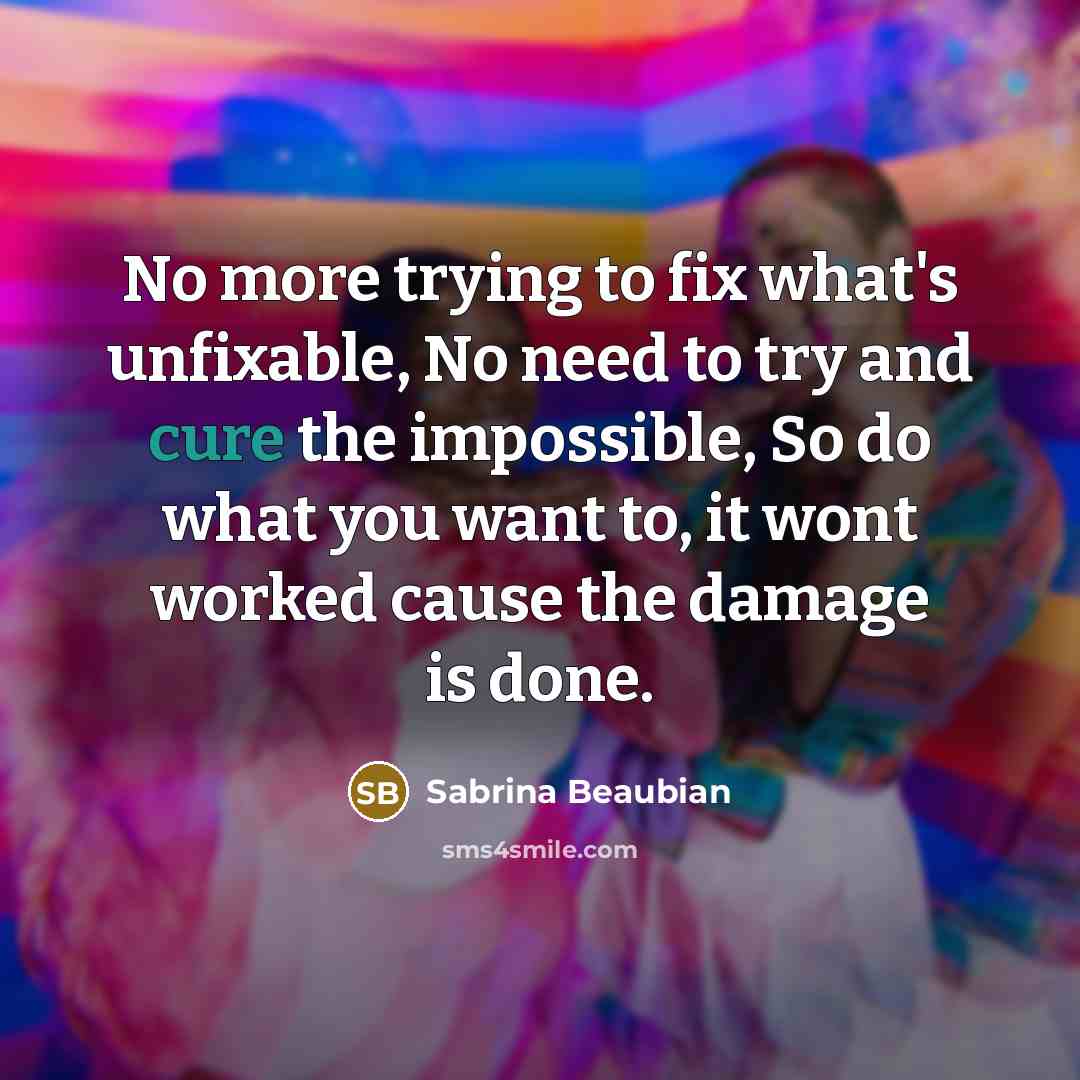 “No more trying to fix what's unfixable, No need to try and cure the impossible, So do what you want to, it wont worked cause the damage is done.” quote by Sabrina Beaubian