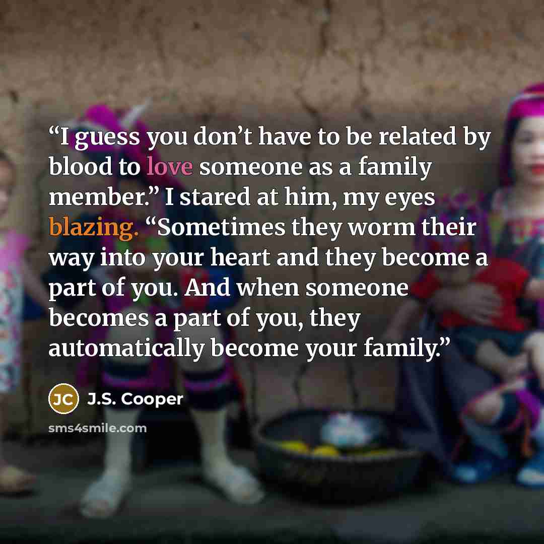 “I guess you don’t have to be related by blood to love someone as a family member.” I stared at him, my eyes blazing. “Sometimes they worm their way into your heart and they become a part of you. And when someone becomes a part of you, they automatically become your family.” quote by J.S. Cooper