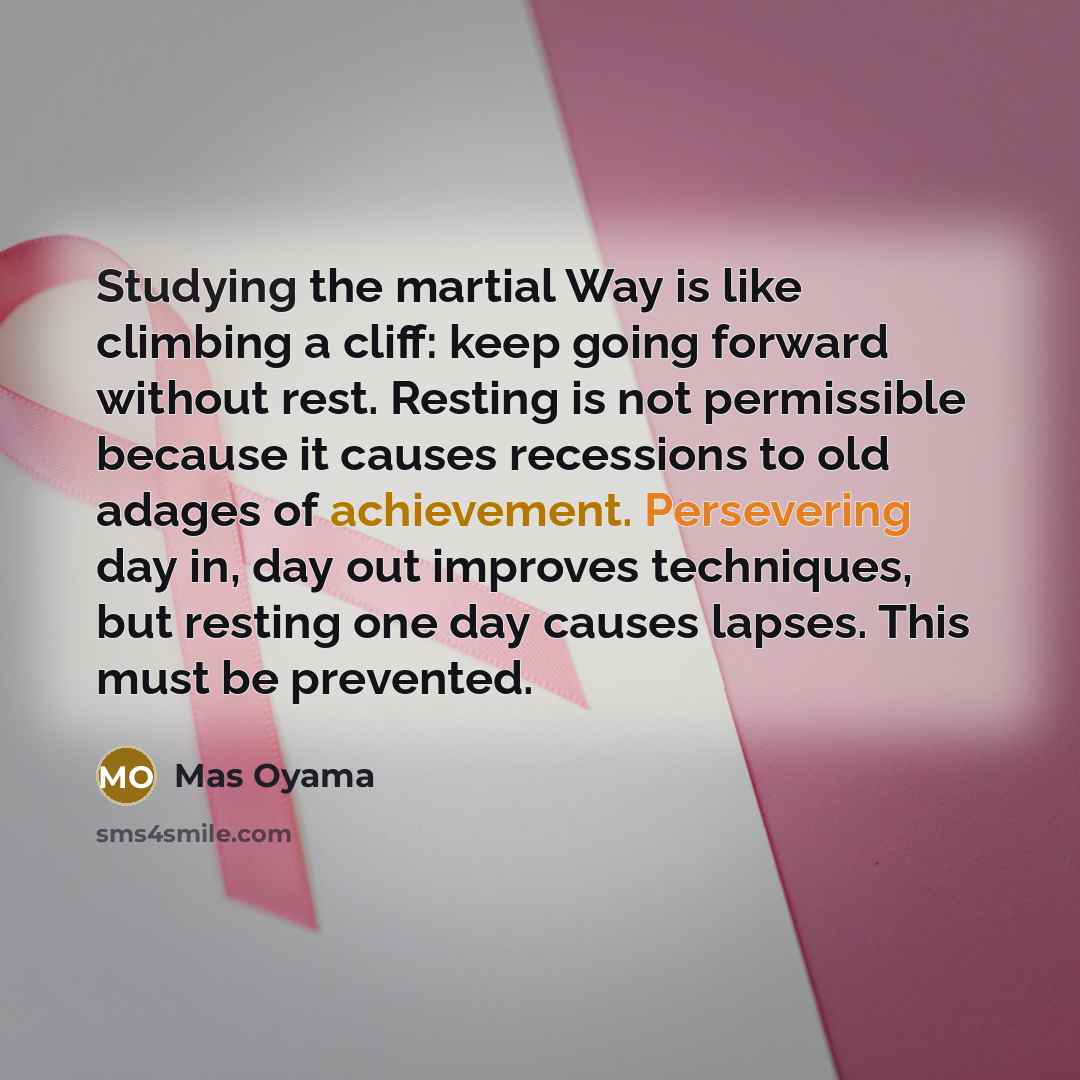 “Studying the martial Way is like climbing a cliff: keep going forward without rest. Resting is not permissible because it causes recessions to old adages of achievement. Persevering day in, day out improves techniques, but resting one day causes lapses. This must be prevented.” quote by Mas Oyama