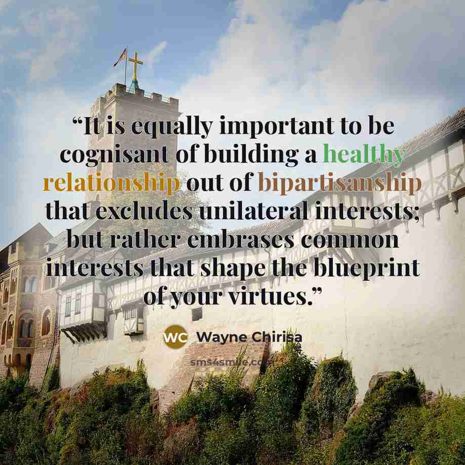 “It is equally important to be cognisant of building a healthy relationship out of bipartisanship that excludes unilateral interests; but rather embrases common interests that shape the blueprint of your virtues.” quote by Wayne Chirisa
