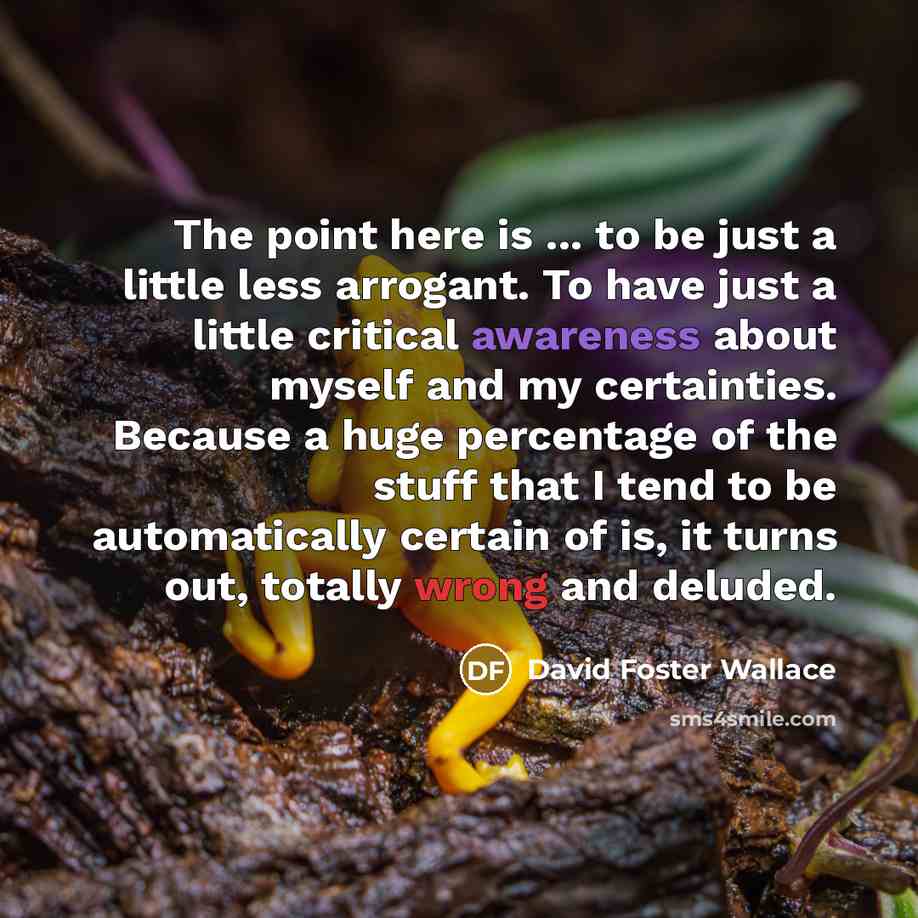 “The point here is ... to be just a little less arrogant. To have just a little critical awareness about myself and my certainties. Because a huge percentage of the stuff that I tend to be automatically certain of is, it turns out, totally wrong and deluded.” quote by David Foster Wallace