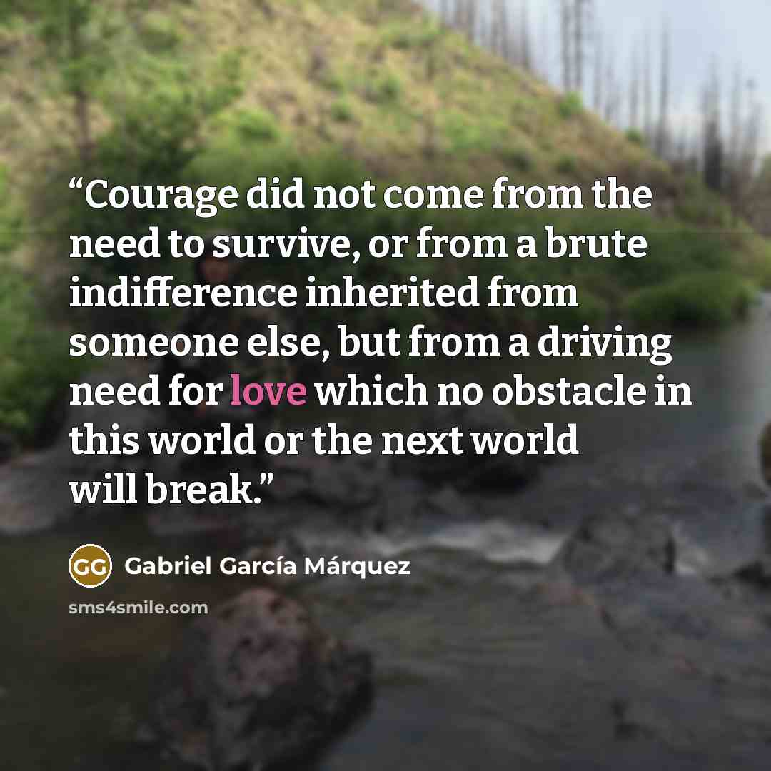 “Courage did not come from the need to survive, or from a brute indifference inherited from someone else, but from a driving need for love which no obstacle in this world or the next world will break.” quote by Gabriel García Márquez