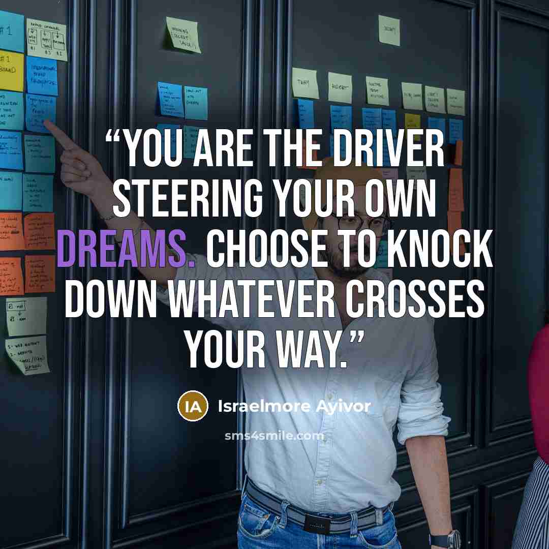 “You are the driver steering your own dreams. Choose to knock down whatever crosses your way.” quote by Israelmore Ayivor