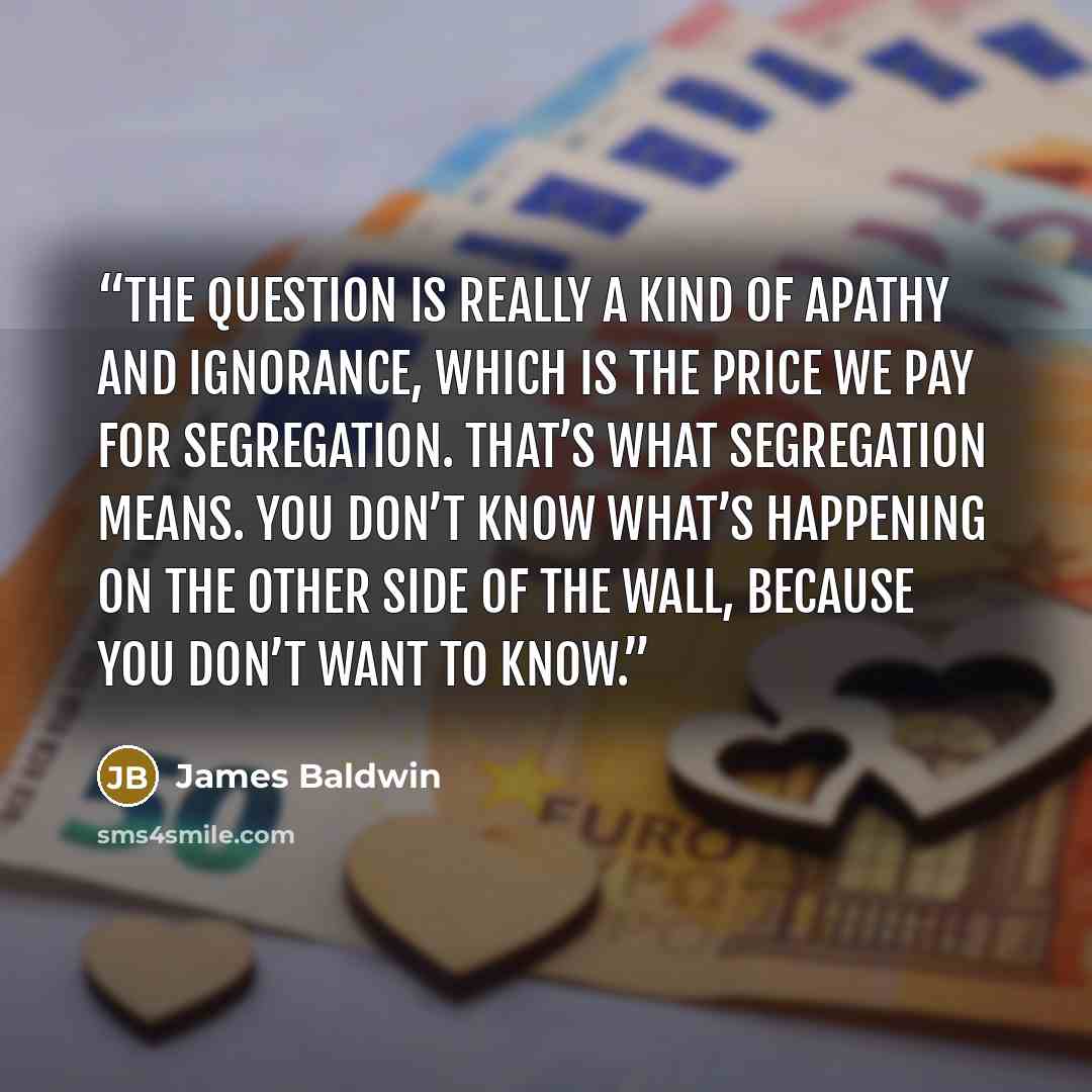 “The question is really a kind of apathy and ignorance, which is the price we pay for segregation. That’s what segregation means. You don’t know what’s happening on the other side of the wall, because you don’t want to know.” quote by James Baldwin