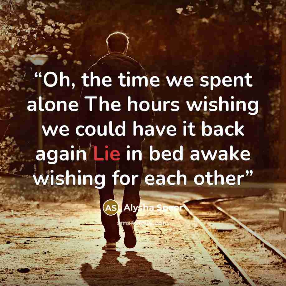 “Oh, the time we spent alone The hours wishing we could have it back again Lie in bed awake wishing for each other” quote by Alysha Speer