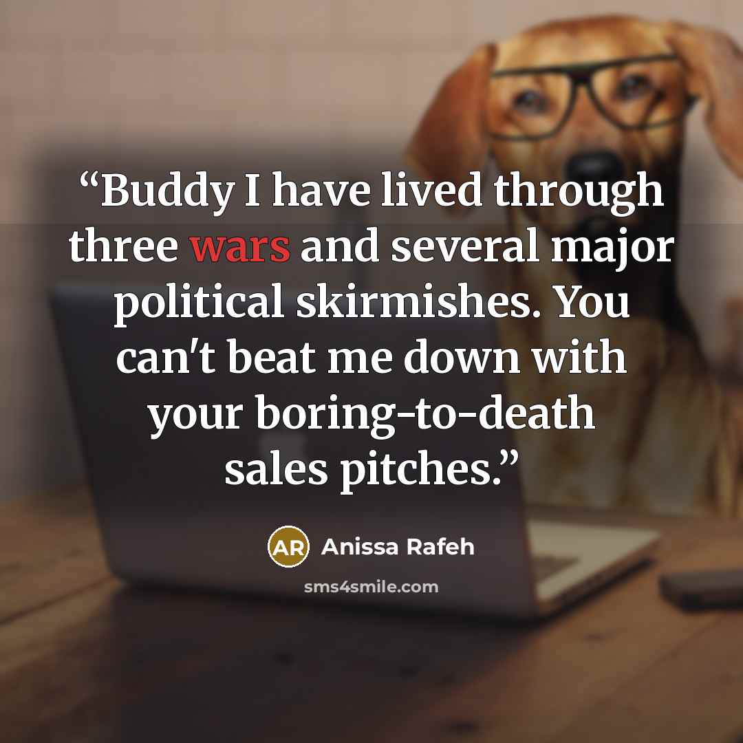 “Buddy I have lived through three wars and several major political skirmishes. You can't beat me down with your boring-to-death sales pitches.” quote by Anissa Rafeh