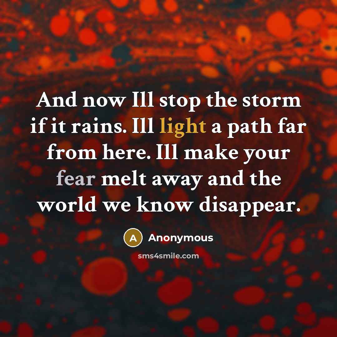 “And now Ill stop the storm if it rains. Ill light a path far from here. Ill make your fear melt away and the world we know disappear.” quote by Anonymous