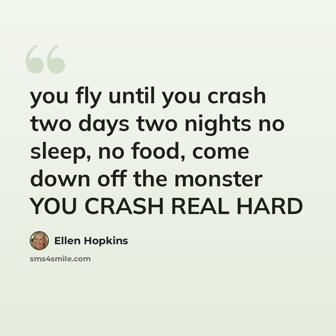 “you fly until you crash two days two nights no sleep, no food, come down off the monster YOU CRASH REAL HARD” quote by Ellen Hopkins