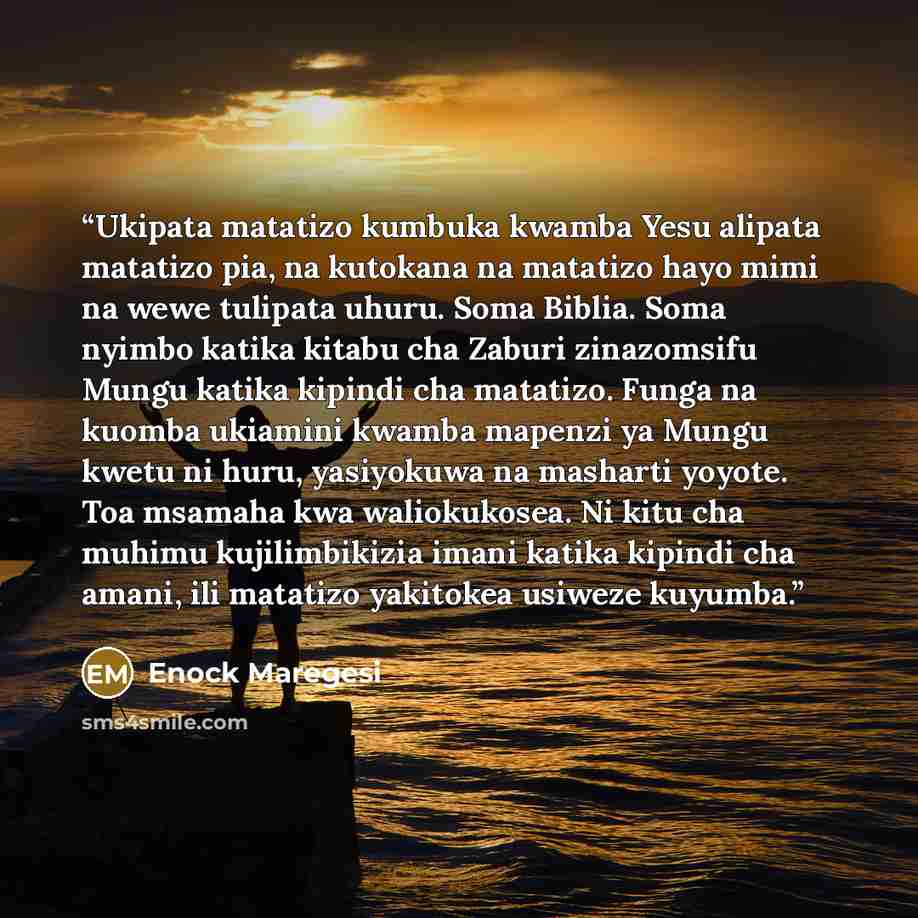 “Ukipata matatizo kumbuka kwamba Yesu alipata matatizo pia, na kutokana na matatizo hayo mimi na wewe tulipata uhuru. Soma Biblia. Soma nyimbo katika kitabu cha Zaburi zinazomsifu Mungu katika kipindi cha matatizo. Funga na kuomba ukiamini kwamba mapenzi ya Mungu kwetu ni huru, yasiyokuwa na…” quote by Enock Maregesi