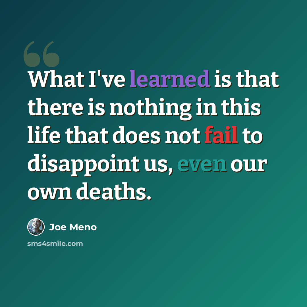 “What I've learned is that there is nothing in this life that does not fail to disappoint us, even our own deaths.” quote by Joe Meno