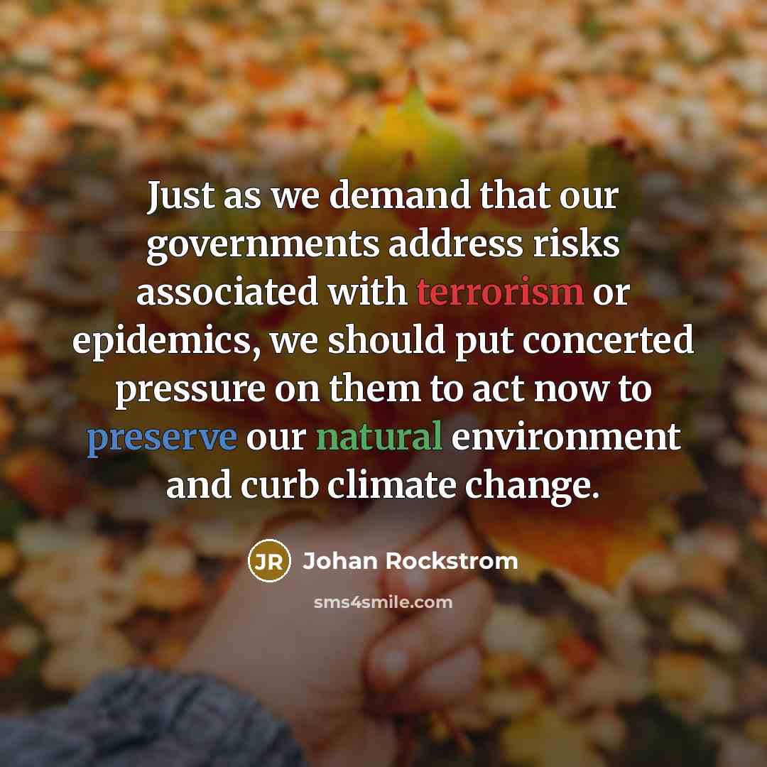 “Just as we demand that our governments address risks associated with terrorism or epidemics, we should put concerted pressure on them to act now to preserve our natural environment and curb climate change.” quote by Johan Rockstrom