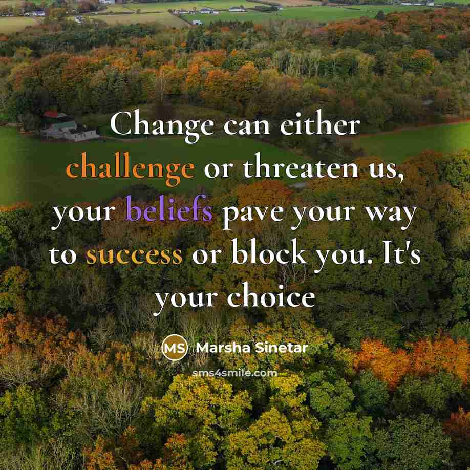 “Change can either challenge or threaten us, your beliefs pave your way to success or block you. It's your choice” quote by Marsha Sinetar