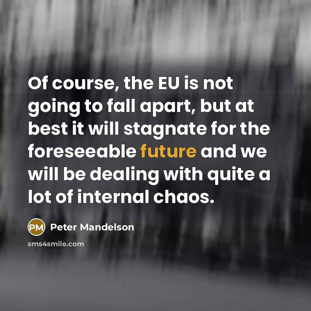 “Of course, the EU is not going to fall apart, but at best it will stagnate for the foreseeable future and we will be dealing with quite a lot of internal chaos.” quote by Peter Mandelson
