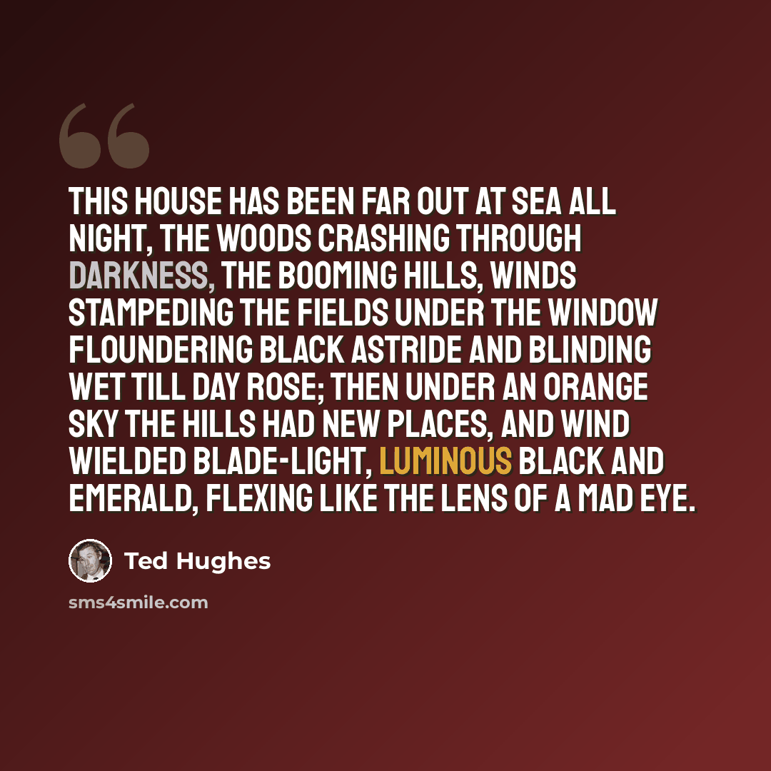 “This house has been far out at sea all night, The woods crashing through darkness, the booming hills, Winds stampeding the fields under the window Floundering black astride and blinding wet Till day rose; then under an orange sky The hills had new places, and wind wielded Blade-light, luminous…” quote by Ted Hughes