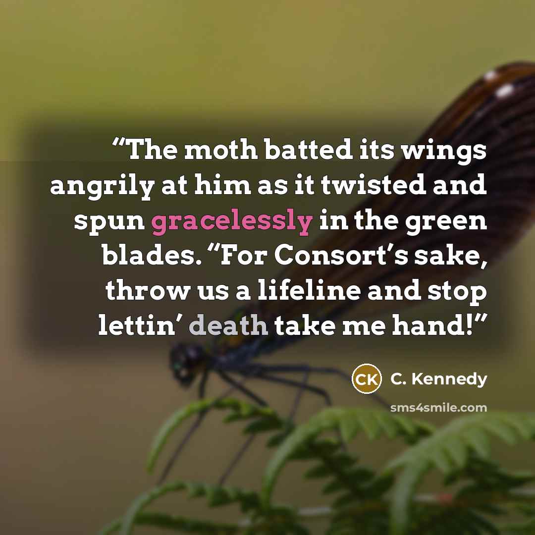 “The moth batted its wings angrily at him as it twisted and spun gracelessly in the green blades. “For Consort’s sake, throw us a lifeline and stop lettin’ death take me hand!” quote by C. Kennedy
