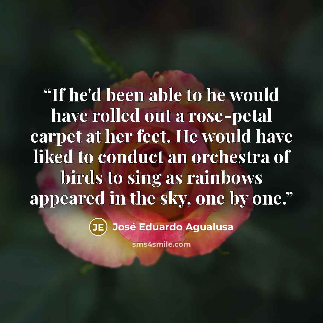 “If he'd been able to he would have rolled out a rose-petal carpet at her feet. He would have liked to conduct an orchestra of birds to sing as rainbows appeared in the sky, one by one.” quote by José Eduardo Agualusa