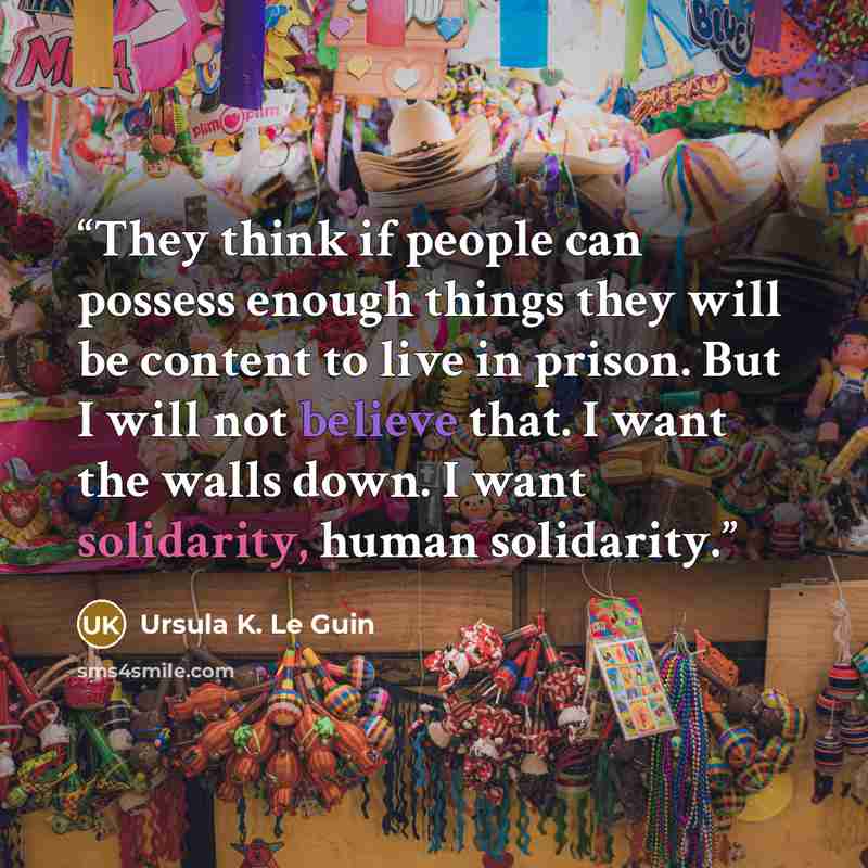 “They think if people can possess enough things they will be content to live in prison. But I will not believe that. I want the walls down. I want solidarity, human solidarity.” quote by Ursula K. Le Guin