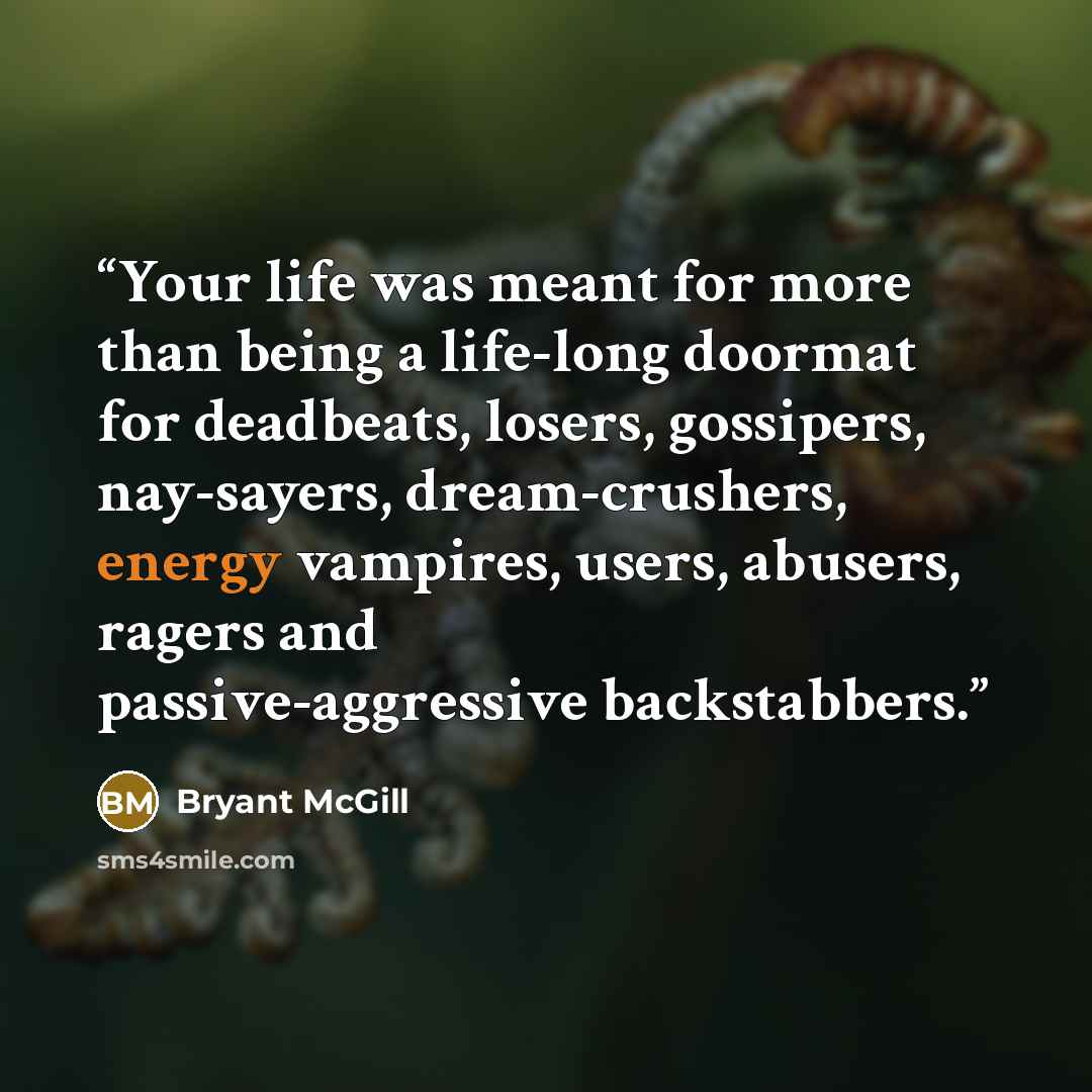 “Your life was meant for more than being a life-long doormat for deadbeats, losers, gossipers, nay-sayers, dream-crushers, energy vampires, users, abusers, ragers and passive-aggressive backstabbers.” quote by Bryant McGill