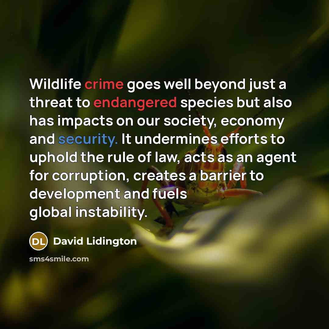 “Wildlife crime goes well beyond just a threat to endangered species but also has impacts on our society, economy and security. It undermines efforts to uphold the rule of law, acts as an agent for corruption, creates a barrier to development and fuels global instability.” quote by David Lidington