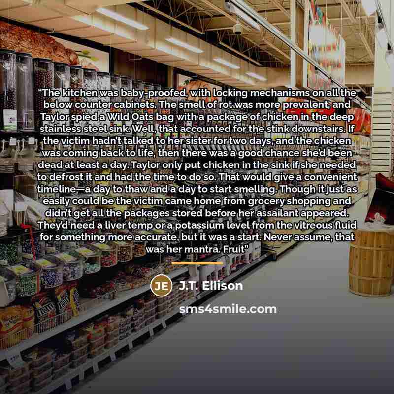 “The kitchen was baby-proofed, with locking mechanisms on all the below counter cabinets. The smell of rot was more prevalent, and Taylor spied a Wild Oats bag with a package of chicken in the deep stainless steel sink. Well, that accounted for the stink downstairs. If the victim hadn’t talked to…” quote by J.T. Ellison