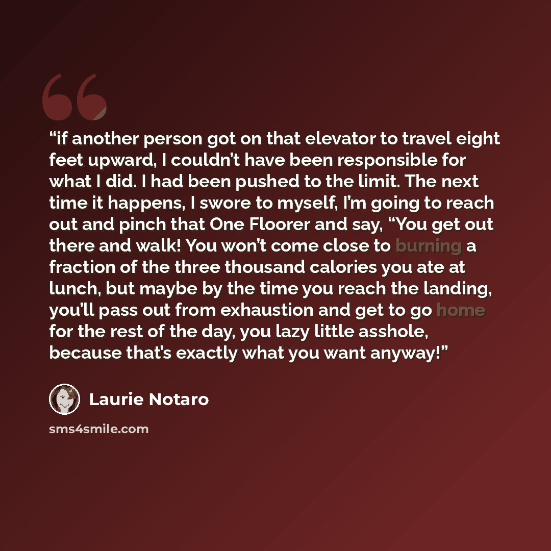 “if another person got on that elevator to travel eight feet upward, I couldn’t have been responsible for what I did. I had been pushed to the limit. The next time it happens, I swore to myself, I’m going to reach out and pinch that One Floorer and say, “You get out there and walk! You won’t come…” quote by Laurie Notaro