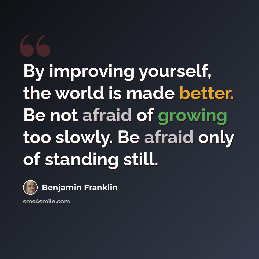 “By improving yourself, the world is made better. Be not afraid of growing too slowly. Be afraid only of standing still.” quote by Benjamin Franklin