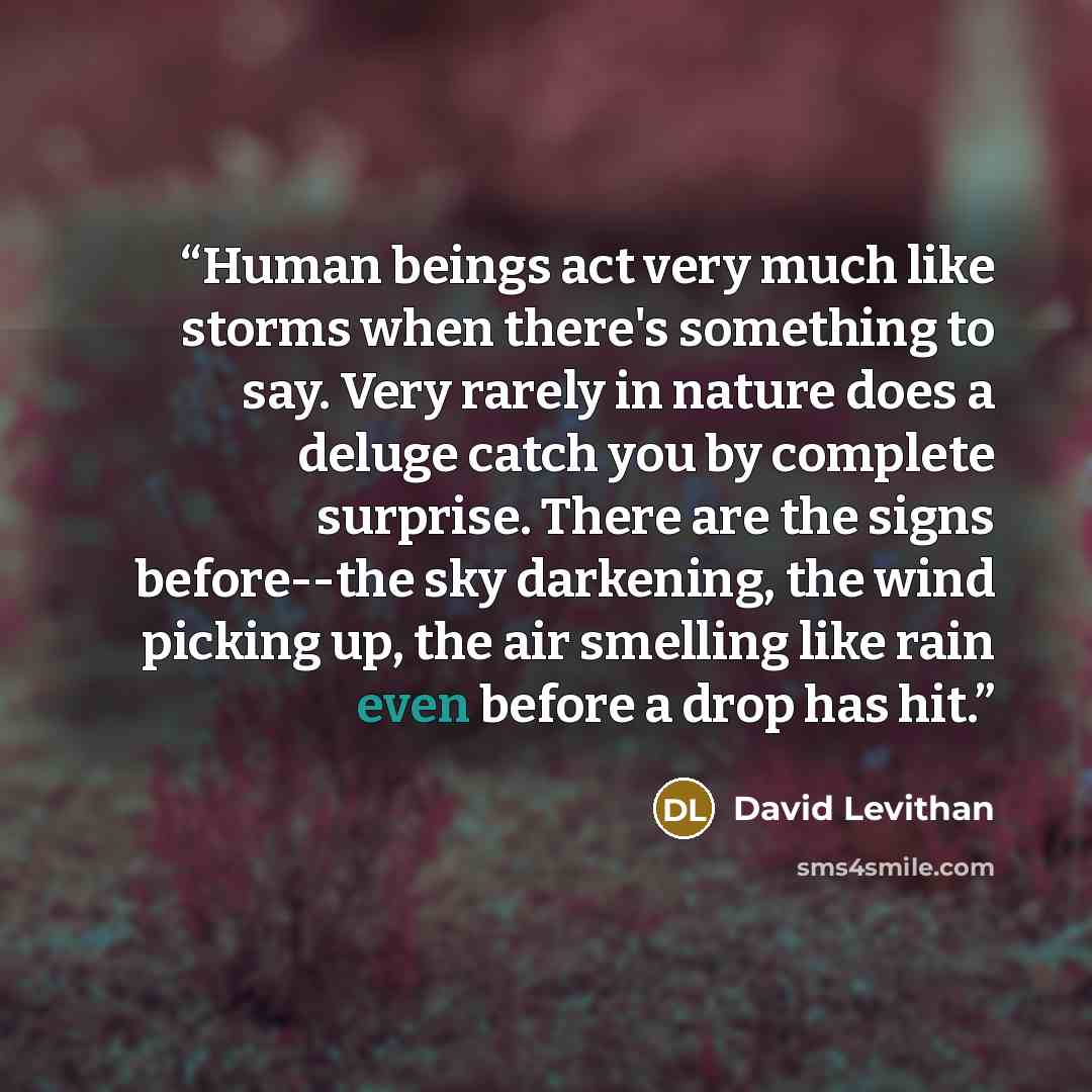 “Human beings act very much like storms when there's something to say. Very rarely in nature does a deluge catch you by complete surprise. There are the signs before--the sky darkening, the wind picking up, the air smelling like rain even before a drop has hit.” quote by David Levithan