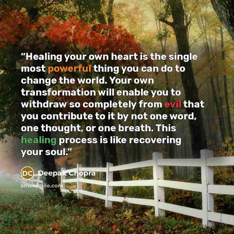 “Healing your own heart is the single most powerful thing you can do to change the world. Your own transformation will enable you to withdraw so completely from evil that you contribute to it by not one word, one thought, or one breath. This healing process is like recovering your soul.” quote by Deepak Chopra