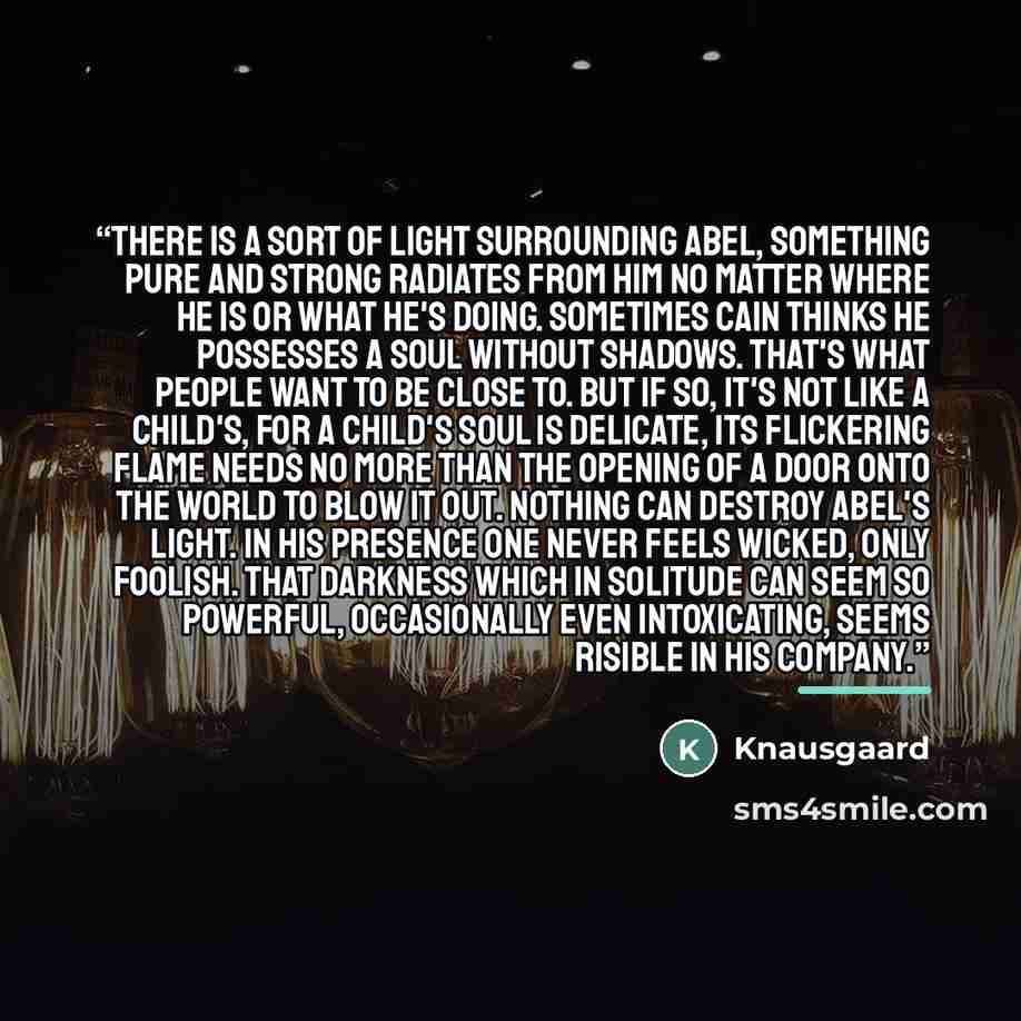 “There is a sort of light surrounding Abel, something pure and strong radiates from him no matter where he is or what he's doing. Sometimes Cain thinks he possesses a soul without shadows. That's what people want to be close to. But if so, it's not like a child's, for a child's soul is delicate…” quote by Knausgaard