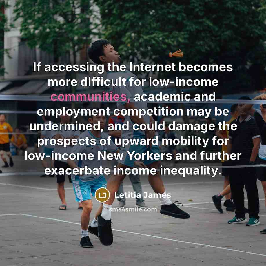 “If accessing the Internet becomes more difficult for low-income communities, academic and employment competition may be undermined, and could damage the prospects of upward mobility for low-income New Yorkers and further exacerbate income inequality.” quote by Letitia James