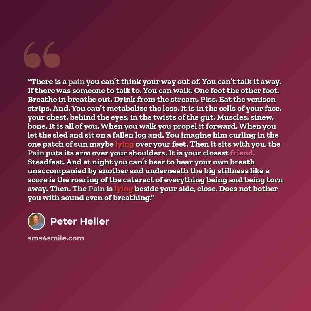 “There is a pain you can’t think your way out of. You can’t talk it away. If there was someone to talk to. You can walk. One foot the other foot. Breathe in breathe out. Drink from the stream. Piss. Eat the venison strips. And. You can’t metabolize the loss. It is in the cells of your face, your…” quote by Peter Heller
