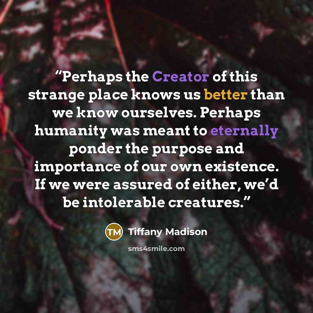 “Perhaps the Creator of this strange place knows us better than we know ourselves. Perhaps humanity was meant to eternally ponder the purpose and importance of our own existence. If we were assured of either, we’d be intolerable creatures.” quote by Tiffany Madison