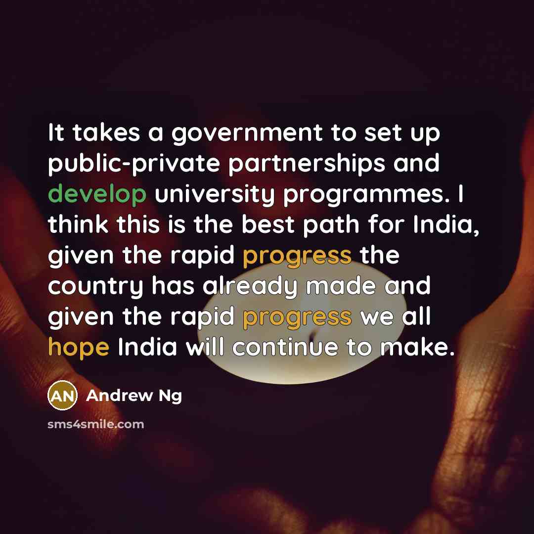 “It takes a government to set up public-private partnerships and develop university programmes. I think this is the best path for India, given the rapid progress the country has already made and given the rapid progress we all hope India will continue to make.” quote by Andrew Ng