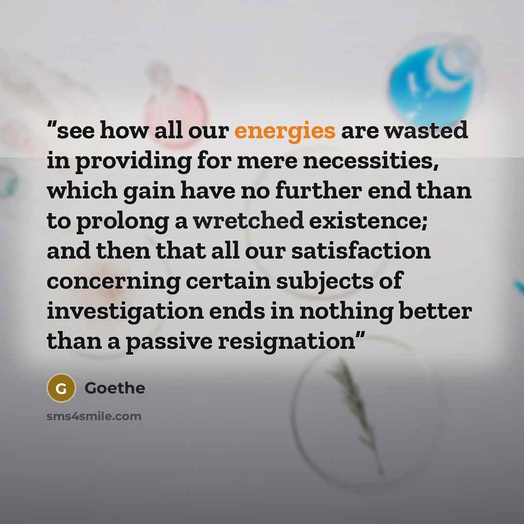 “see how all our energies are wasted in providing for mere necessities, which gain have no further end than to prolong a wretched existence; and then that all our satisfaction concerning certain subjects of investigation ends in nothing better than a passive resignation” quote by Goethe