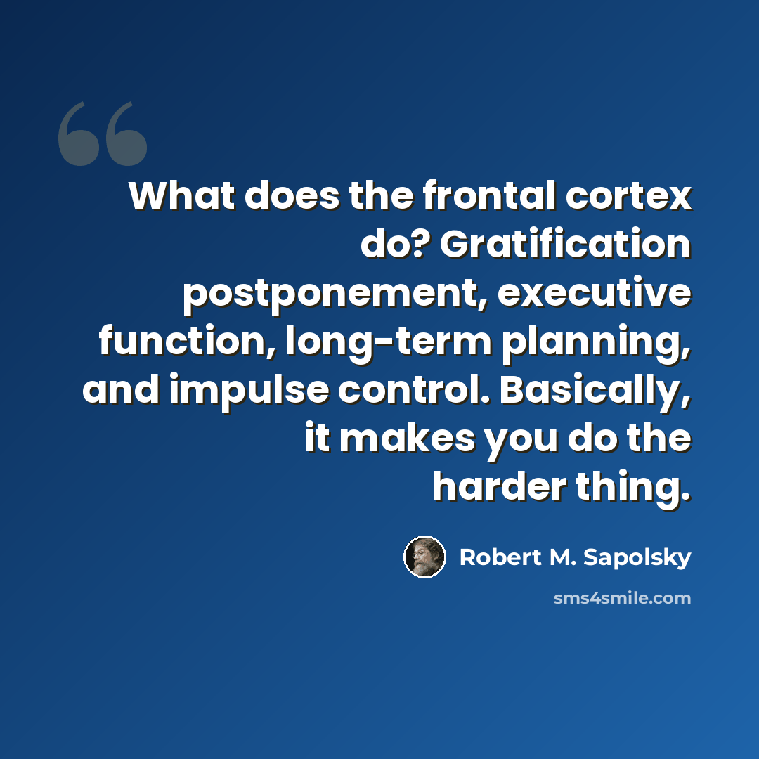 “What does the frontal cortex do? Gratification postponement, executive function, long-term planning, and impulse control. Basically, it makes you do the harder thing.” quote by Robert M. Sapolsky