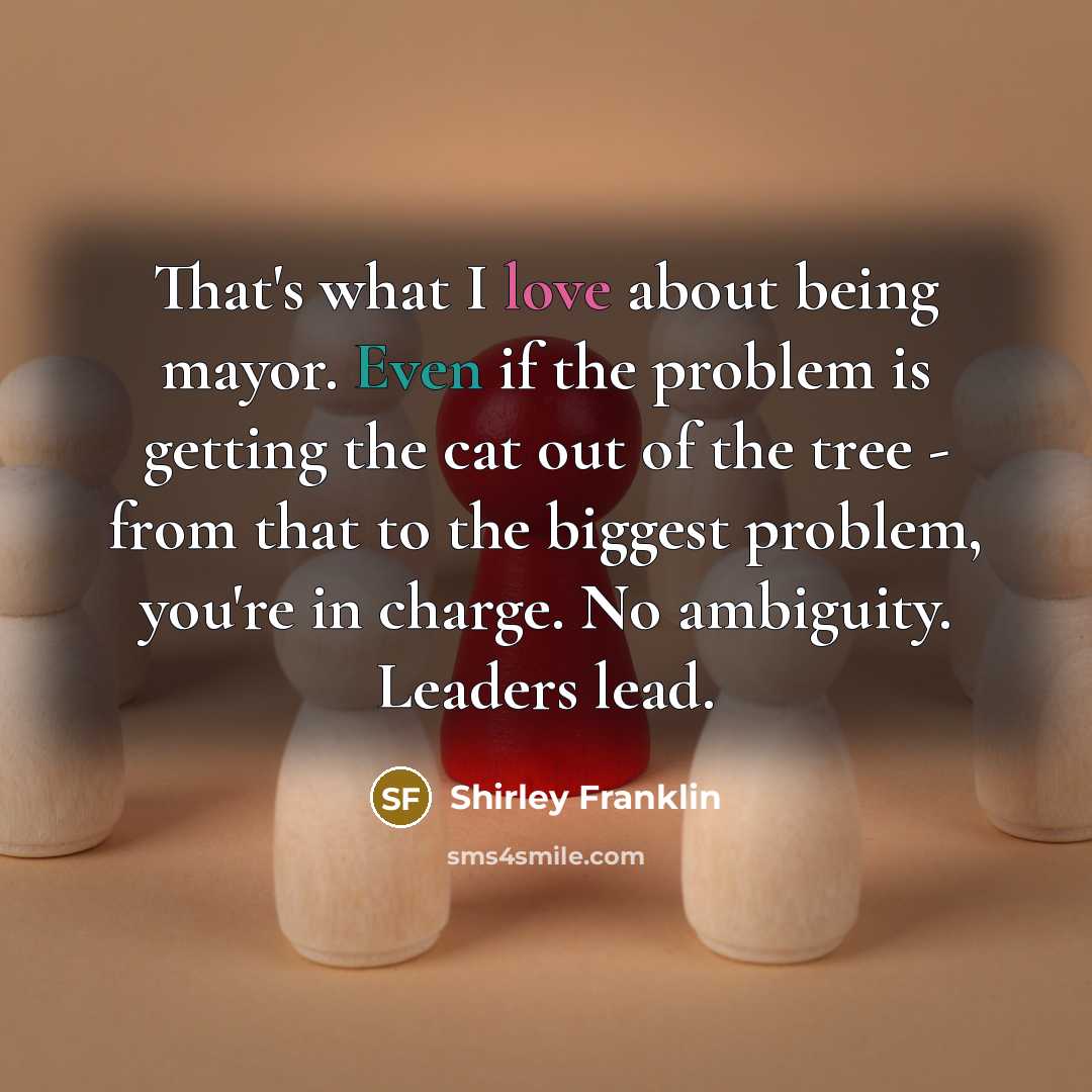 “That's what I love about being mayor. Even if the problem is getting the cat out of the tree - from that to the biggest problem, you're in charge. No ambiguity. Leaders lead.” quote by Shirley Franklin