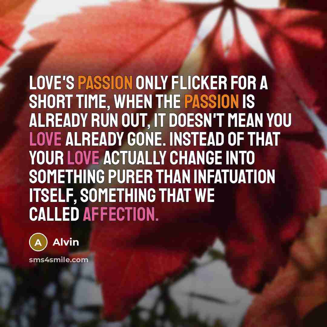 “Love's passion only flicker for a short time, when the passion is already run out, it doesn't mean you love already gone. Instead of that your love actually change into something purer than infatuation itself, something that we called affection.” quote by Alvin