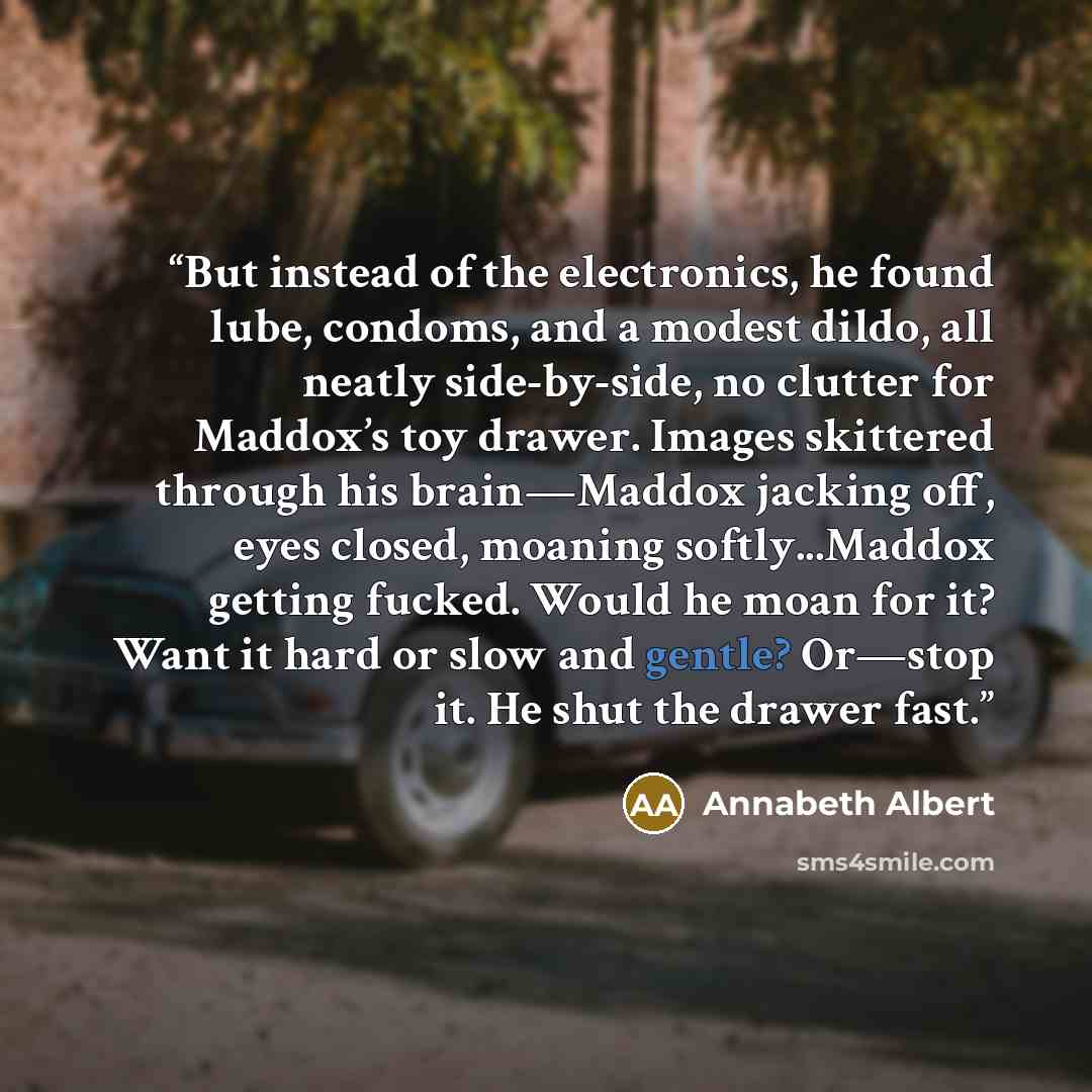 “But instead of the electronics, he found lube, condoms, and a modest dildo, all neatly side-by-side, no clutter for Maddox’s toy drawer. Images skittered through his brain—Maddox jacking off, eyes closed, moaning softly...Maddox getting fucked. Would he moan for it? Want it hard or slow and…” quote by Annabeth Albert