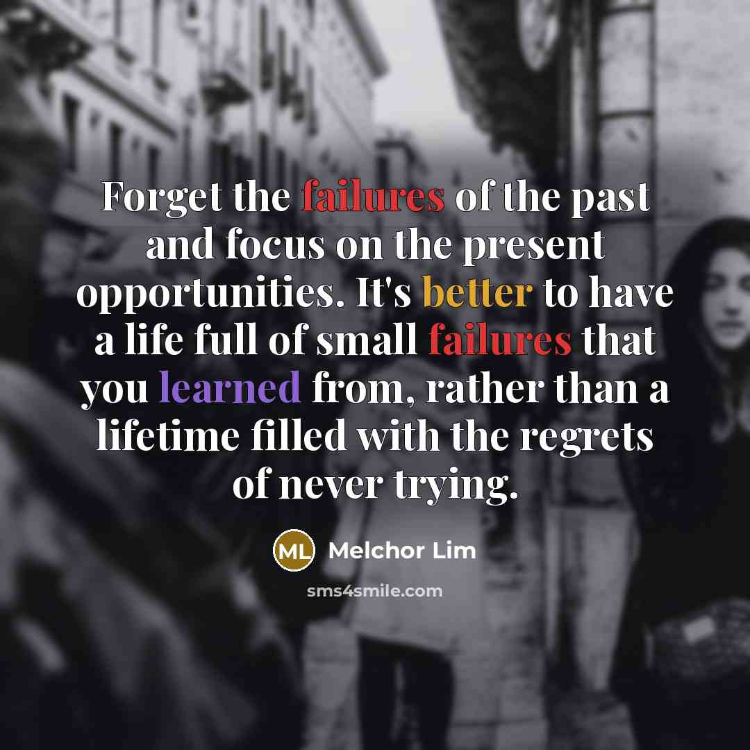 “Forget the failures of the past and focus on the present opportunities. It's better to have a life full of small failures that you learned from, rather than a lifetime filled with the regrets of never trying.” quote by Melchor Lim