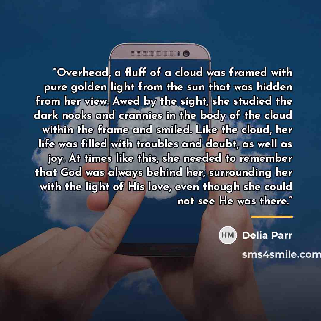 “Overhead, a fluff of a cloud was framed with pure golden light from the sun that was hidden from her view. Awed by the sight, she studied the dark nooks and crannies in the body of the cloud within the frame and smiled. Like the cloud, her life was filled with troubles and doubt, as well as joy…” quote by Delia Parr