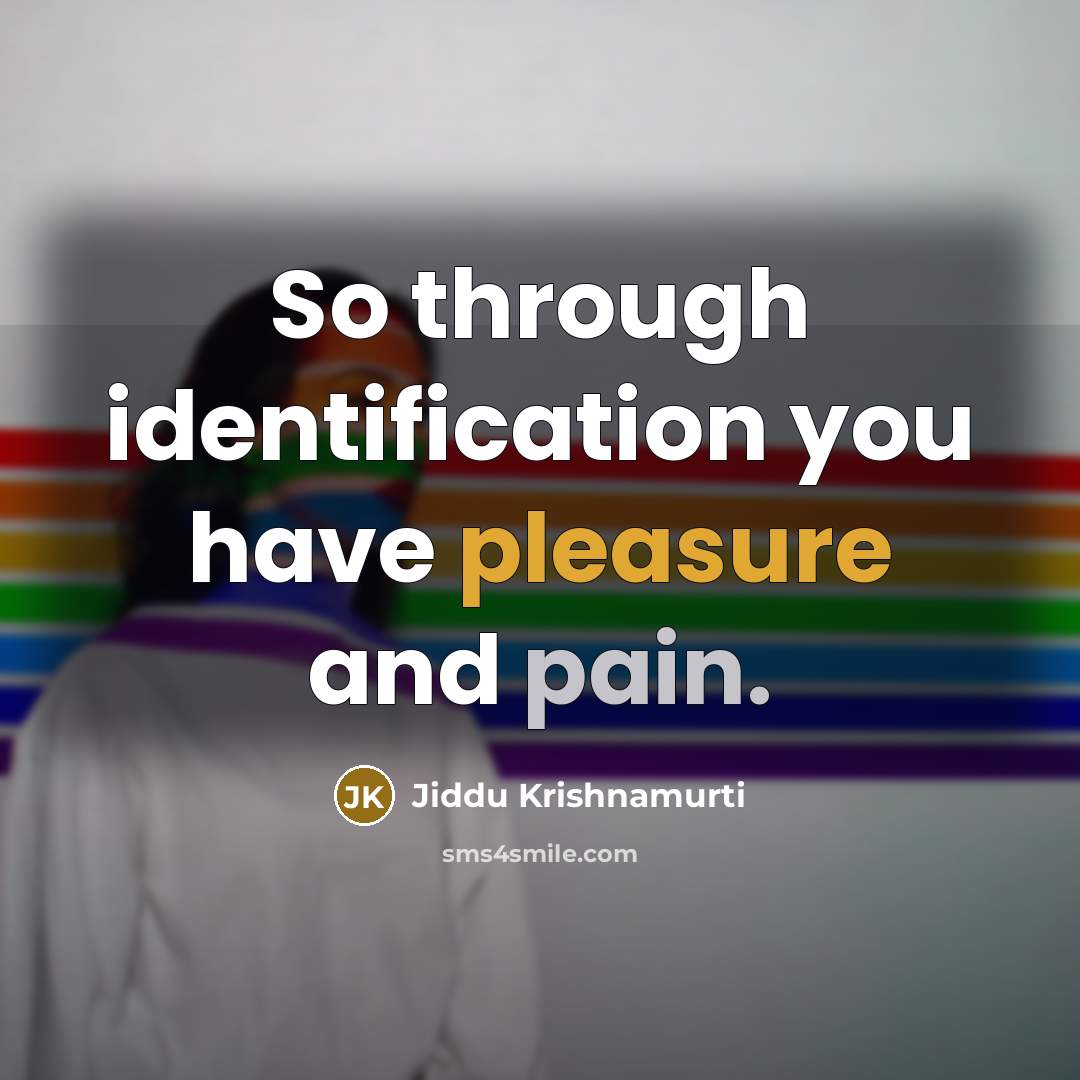 “So through identification you have pleasure and pain.” quote by Jiddu Krishnamurti
