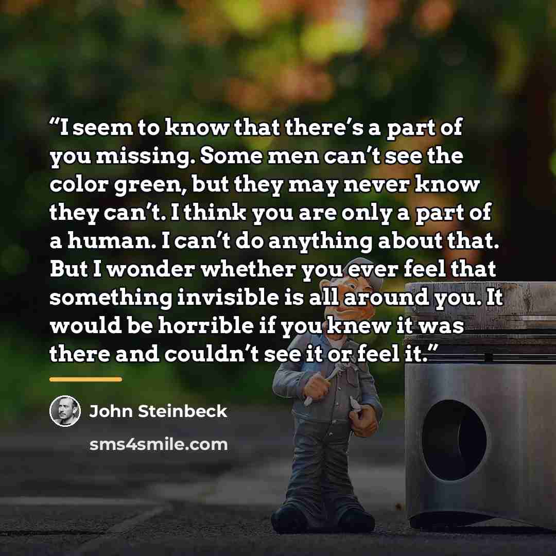 “I seem to know that there’s a part of you missing. Some men can’t see the color green, but they may never know they can’t. I think you are only a part of a human. I can’t do anything about that. But I wonder whether you ever feel that something invisible is all around you. It would be horrible if…” quote by John Steinbeck