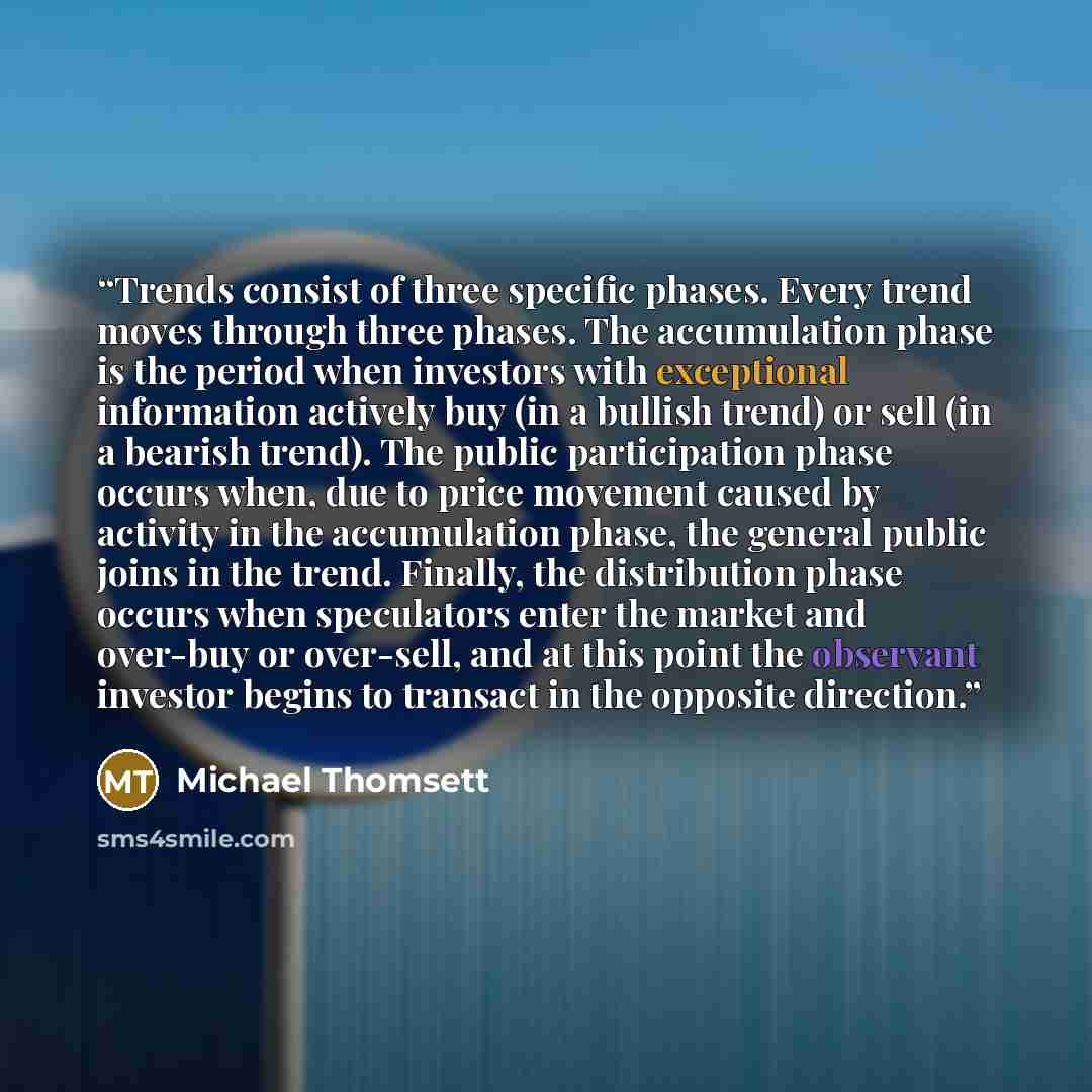 “Trends consist of three specific phases. Every trend moves through three phases. The accumulation phase is the period when investors with exceptional information actively buy (in a bullish trend) or sell (in a bearish trend). The public participation phase occurs when, due to price movement caused…” quote by Michael Thomsett
